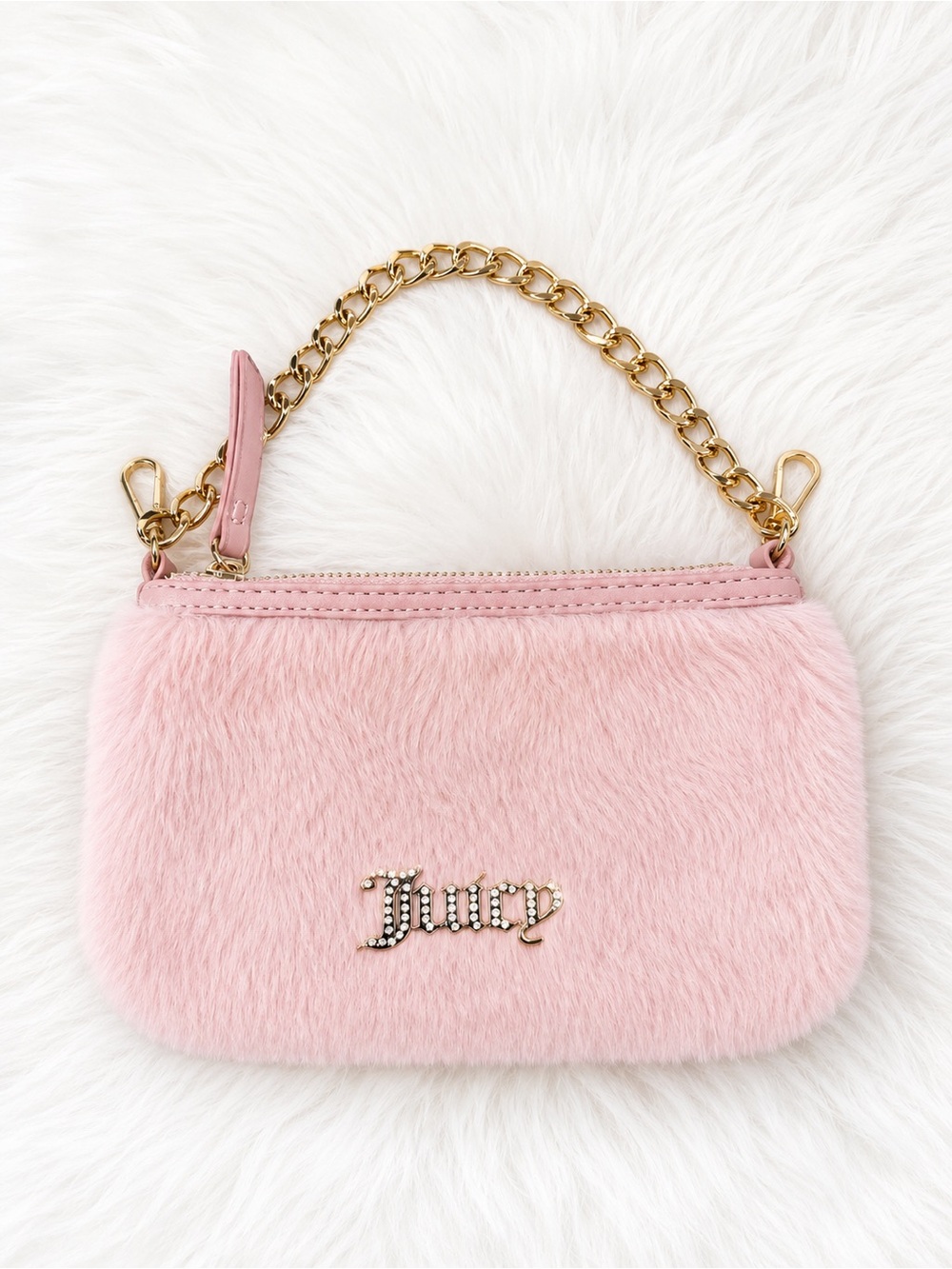 Juicy Couture Pink Faux Fur Wristlet with Gold Chain Handle
